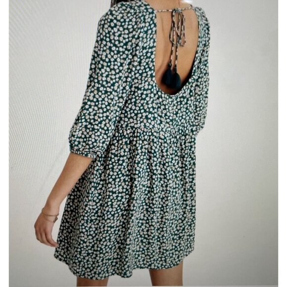 American Eagle Green Floral Mini Dress With Puff Sleeves Back Tie & Zipper Sz M - Picture 2 of 16
